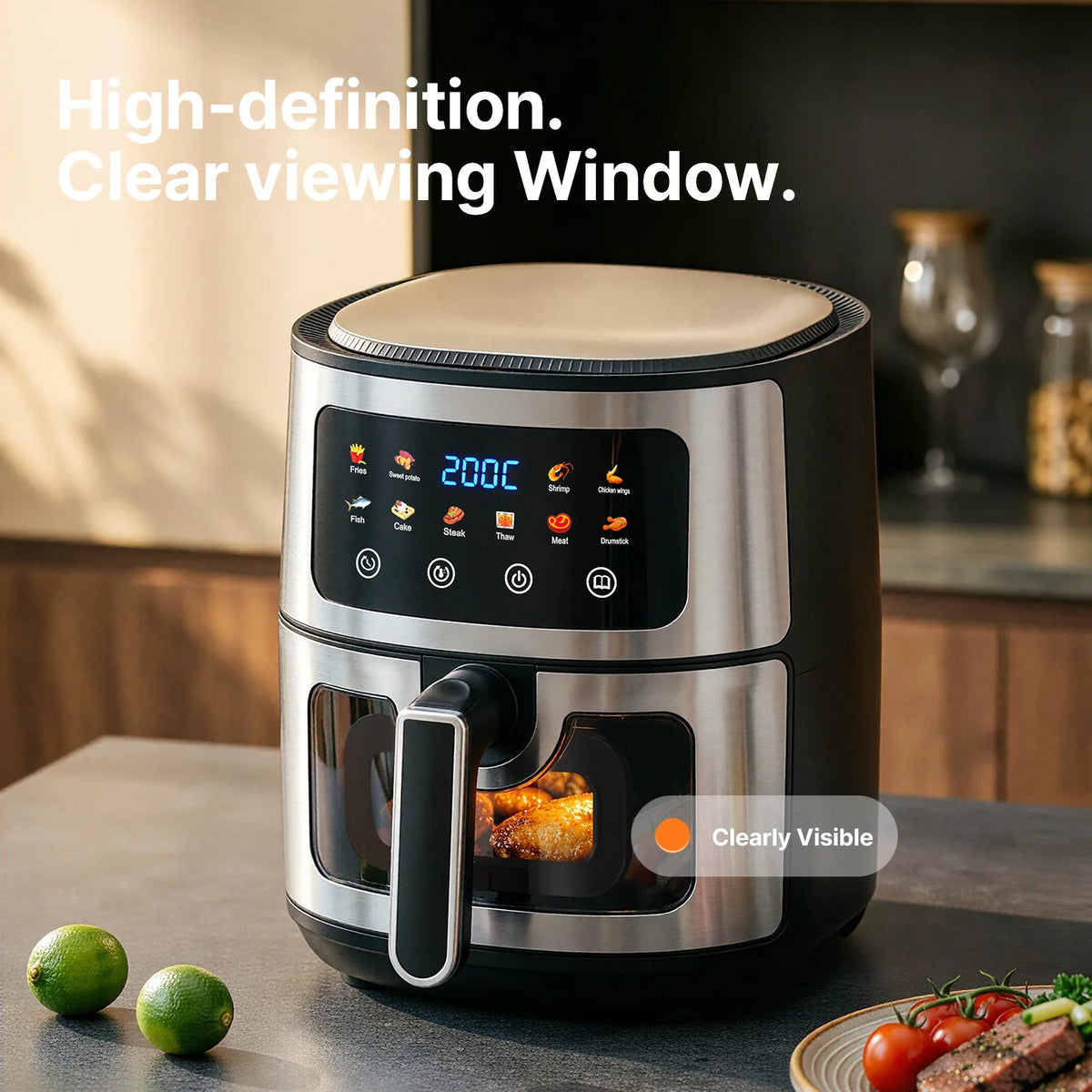 8L Stainless Steel Air Fryer with Clear Viewing Window 8 One-Touch Smart Presets Oil-Free Crispy Cooker Non-Stick Basket Whisper
